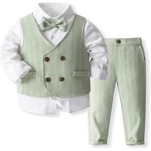 imageIDOPIP Toddler Kids Baby Boys Formal Suit Gentleman Outfit Long Sleeve Shirt with Bowtie  Vest  Pants Overalls Clothes 28TLight Green