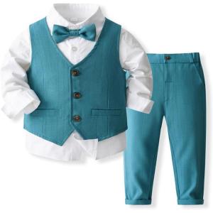 imageIDOPIP Toddler Kids Baby Boys Formal Suit Gentleman Outfit Long Sleeve Shirt with Bowtie  Vest  Pants Overalls Clothes 28TPeacock Blue