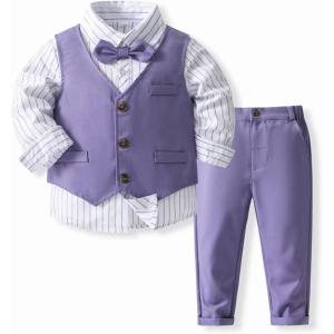 imageIDOPIP Toddler Kids Baby Boys Formal Suit Gentleman Outfit Long Sleeve Shirt with Bowtie  Vest  Pants Overalls Clothes 28TPurple