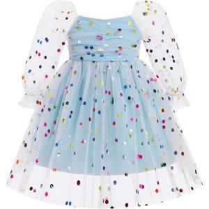 imageIDOPIP Toddler Baby Girls Dresses Long Puff Sleeve Pageant Mesh Tutu Dress Infant Wedding Baptism Photo Shoot Tulle DressBlue Dots