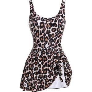 imageIDOPIP Swim Dress for Women One Piece Swimsuit Bathing Suit Retro Leopard Floral Print Plus Size Swimsuits Tummy Control Swimdress with Shorts Modest Swimwear Tankini Beachwear Swim Suits Leopard L