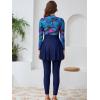 imageIDOPIP Muslim Burkini Swimsuit for Womens One Piece Swimsuit with Beach SkirtCover up SarongPants 4PCS Bathing SuitNavy Blue Print