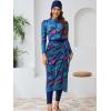 imageIDOPIP Muslim Burkini Swimsuit for Womens One Piece Swimsuit with Beach SkirtCover up SarongPants 4PCS Bathing SuitNavy Blue Print