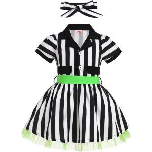 imageIDOPIP 1950s Housewife Costume for Girls Kids Halloween Birthday Party Dress up with ApronBelt  Headband for Photo ShootBlack White Striped