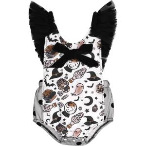 imageIDOPIP Baby Girl 1st Halloween Outfit Pumpkin Ghost Romper Ruffle Backless Bodysuit One Piece Clothes for Cake Smash BirthdayBlack