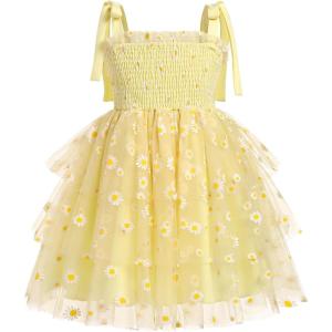 imageIDOPIP Baby Girls Tutu Dress Summer Sleeveless Backless Princess Birthday Party Dresses Smocked Ruffle Tulle Bowknot SundressYellow Daisy