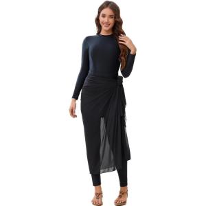 imageIDOPIP Muslim Burkini Swimsuit for Womens One Piece Swimsuit with Beach SkirtCover up SarongPants 4PCS Bathing SuitBlack