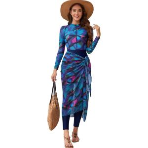 imageIDOPIP Muslim Burkini Swimsuit for Womens One Piece Swimsuit with Beach SkirtCover up SarongPants 4PCS Bathing SuitNavy Blue Print