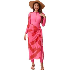 imageIDOPIP Muslim Burkini Swimsuit for Womens One Piece Swimsuit with Beach SkirtCover up SarongPants 4PCS Bathing SuitPink