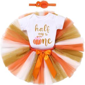 imageIDOPIP My First Halloween Outfit Baby Girls Pumpkin Romper Tutu Skirt Headband 3PCS Clothes Set for Party Dress up CostumeOrange Pumpkin  Half
