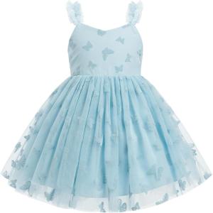 imageIDOPIP Toddler Baby Girls Butterfly Tutu Dress Summer Sleeveless Princess Butterfly Birthday Party Dresses Pageant Tulle GownBlue