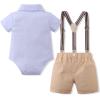 imageIDOPIP Baptism Outfits for Boys Baby Clothes Gentleman Formal Suit Bowtie Romper Suspender Shorts 4PCS Birthday Tuxedo OutfitBlue  Khaki