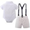 imageIDOPIP Baptism Outfits for Boys Baby Clothes Gentleman Formal Suit Bowtie Romper Suspender Shorts 4PCS Birthday Tuxedo OutfitWhite  Print