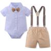 imageIDOPIP Baptism Outfits for Boys Baby Clothes Gentleman Formal Suit Bowtie Romper Suspender Shorts 4PCS Birthday Tuxedo OutfitBlue  Khaki