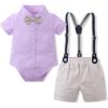imageIDOPIP Baptism Outfits for Boys Baby Clothes Gentleman Formal Suit Bowtie Romper Suspender Shorts 4PCS Birthday Tuxedo OutfitPurple