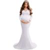 imageWomens Long Sleeve Off Shoulder Lace Maternity Dress for Photography Baby Shower with Flower Sash Belt for Photoshoot