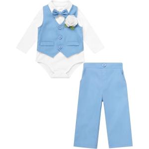 imageIDOPIP Baby Boy Clothes Suit Infant Gentleman Outfit First Birthday Baptism Wedding Dress Romper ShirtTieVestPantsCorsageBlue