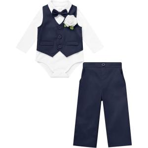 imageIDOPIP Baby Boy Clothes Suit Infant Gentleman Outfit First Birthday Baptism Wedding Dress Romper ShirtTieVestPantsCorsageNavy Blue
