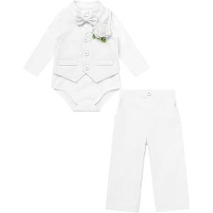 imageIDOPIP Baby Boy Clothes Suit Infant Gentleman Outfit First Birthday Baptism Wedding Dress Romper ShirtTieVestPantsCorsageWhite