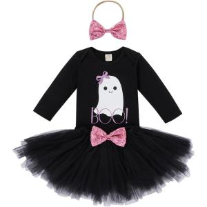 imageIDOPIP Baby Girls First Halloween Pumpkin Ghost Dress up Costume Long Sleeve Romper Tutu Skirt Sequin Headband Outfit ClothesBlack Ghost