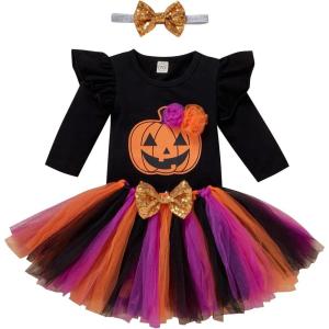 imageIDOPIP Baby Girls First Halloween Pumpkin Ghost Dress up Costume Long Sleeve Romper Tutu Skirt Sequin Headband Outfit ClothesBlack Pumpkin