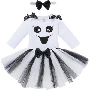 imageIDOPIP Baby Girls First Halloween Pumpkin Ghost Dress up Costume Long Sleeve Romper Tutu Skirt Sequin Headband Outfit ClothesWhite Ghost
