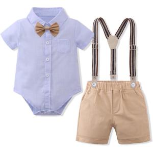 imageIDOPIP Baptism Outfits for Boys Baby Clothes Gentleman Formal Suit Bowtie Romper Suspender Shorts 4PCS Birthday Tuxedo OutfitBlue  Khaki