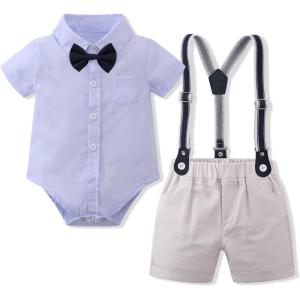 imageIDOPIP Baptism Outfits for Boys Baby Clothes Gentleman Formal Suit Bowtie Romper Suspender Shorts 4PCS Birthday Tuxedo OutfitBlue