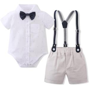 imageIDOPIP Baptism Outfits for Boys Baby Clothes Gentleman Formal Suit Bowtie Romper Suspender Shorts 4PCS Birthday Tuxedo OutfitWhite  Print