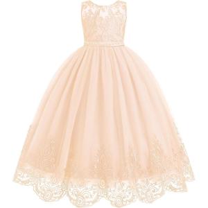 imageIDOPIP Flower Girl Dresses for Wedding Lace Tulle Princess Pageant Dresses for Girls Kids Prom First Communion Birthday GownsChampagne