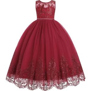 imageIDOPIP Flower Girl Dresses for Wedding Lace Tulle Princess Pageant Dresses for Girls Kids Prom First Communion Birthday GownsDark Red