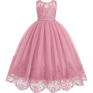 imageIDOPIP Flower Girl Dresses for Wedding Lace Tulle Princess Pageant Dresses for Girls Kids Prom First Communion Birthday GownsDusty Pink
