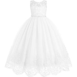 imageIDOPIP Flower Girl Dresses for Wedding Lace Tulle Princess Pageant Dresses for Girls Kids Prom First Communion Birthday GownsWhite