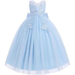 imageIDOPIP Flower Girl Lace Dress for Kids Wedding Bridesmaid Pageant Party Formal Long Gown Princess Communion Tulle Bow DressesBlue