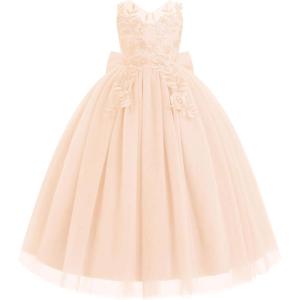 imageIDOPIP Flower Girl Lace Dress for Kids Wedding Bridesmaid Pageant Party Formal Long Gown Princess Communion Tulle Bow DressesChampagne