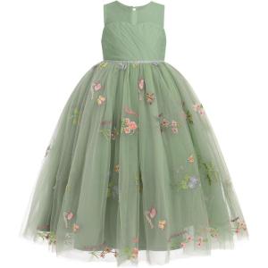 imageIDOPIP Flower Girl Lace Dress for Kids Wedding Bridesmaid Pageant Party Formal Long Gown Princess Communion Tulle Bow DressesGreen