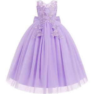 imageIDOPIP Flower Girl Lace Dress for Kids Wedding Bridesmaid Pageant Party Formal Long Gown Princess Communion Tulle Bow DressesPurple