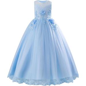 imageIDOPIP Flower Girl Lace Dress for Kids Wedding Pageant Formal Party Long Gown Princess First Communion Maxi Tulle DressesBlue