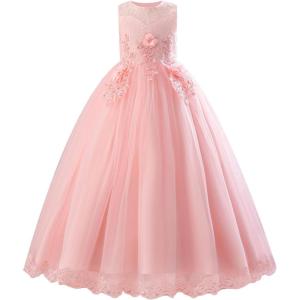 imageIDOPIP Flower Girl Lace Dress for Kids Wedding Pageant Formal Party Long Gown Princess First Communion Maxi Tulle DressesPink