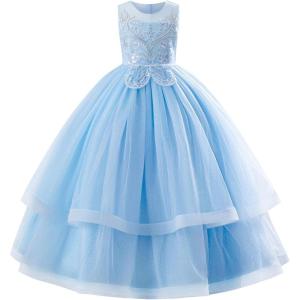 imageIDOPIP Flower Girl Sequin Appliques Dress for Kids Wedding Pageant Party Long Gown Princess Birthday Communion Tulle DressesBlue