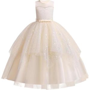 imageIDOPIP Flower Girl Sequin Appliques Dress for Kids Wedding Pageant Party Long Gown Princess Birthday Communion Tulle DressesChampagne  Sequin