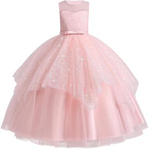 imageIDOPIP Flower Girl Sequin Appliques Dress for Kids Wedding Pageant Party Long Gown Princess Birthday Communion Tulle DressesPink  Sequin
