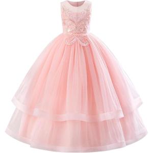 imageIDOPIP Flower Girl Sequin Appliques Dress for Kids Wedding Pageant Party Long Gown Princess Birthday Communion Tulle DressesPink