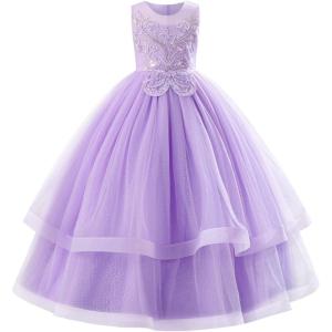 imageIDOPIP Flower Girl Sequin Appliques Dress for Kids Wedding Pageant Party Long Gown Princess Birthday Communion Tulle DressesPurple