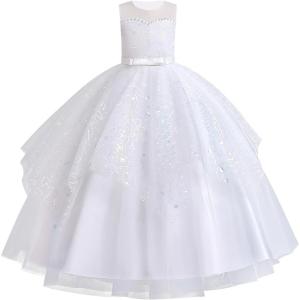 imageIDOPIP Flower Girl Sequin Appliques Dress for Kids Wedding Pageant Party Long Gown Princess Birthday Communion Tulle DressesWhite  Sequin