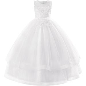 imageIDOPIP Flower Girl Sequin Appliques Dress for Kids Wedding Pageant Party Long Gown Princess Birthday Communion Tulle DressesWhite