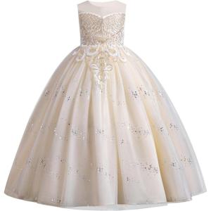 imageIDOPIP Sequin Flower Girl Dress for Kids Wedding Bridesmaid Pageant Party Formal Long Gown Princess Communion Tulle DressesChampagne