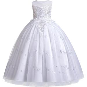 imageIDOPIP Sequin Flower Girl Dress for Kids Wedding Bridesmaid Pageant Party Formal Long Gown Princess Communion Tulle DressesWhite