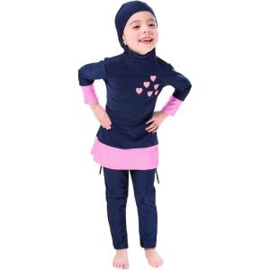 imageMuslim Swimsuit for Girls Kids 2 Pieces Modest Islamic Swimwear Burkini Full Cover Hijab Long Sleeve Heart Print Hooded Top Pants Swim Cap Costume Conservative Beachwear Bathing Suit Navy Blue 67Y