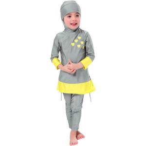 imageMuslim Swimsuit for Girls Kids 2 Pieces Modest Islamic Swimwear Burkini Full Cover Hijab Long Sleeve Heart Print Hooded Top Pants Swimming Cap Costume Conservative Beachwear Bathing Suit Gray 1112Y